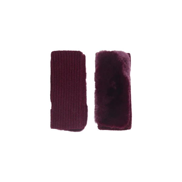 Cashmere Wool and Rex Rabbit Fur Fingerless Gloves in Bordeaux