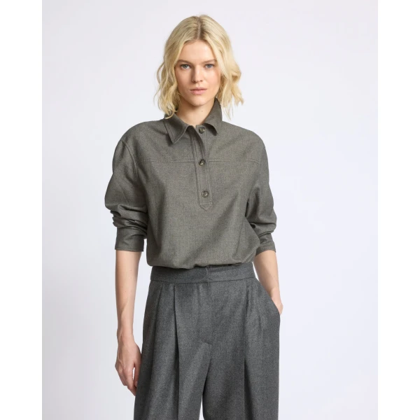 Yves Salomon Cashmere and Cotton Polo Collar Blouse in Grey | Blouse | Luxury Shoes 