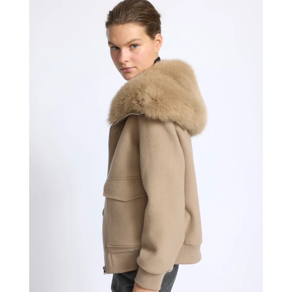 Yves Salomon Cropped Cashmere Wool Jacket with Fox Fur Collar in Beige | Jackets | Luxury Shoes 