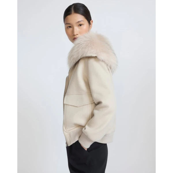 Yves Salomon Cropped Cashmere Wool Jacket with Fox Fur Collar in Beige | Jackets | Luxury Shoes 
