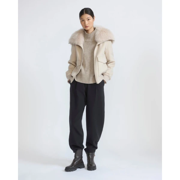 Yves Salomon Cropped Cashmere Wool Jacket with Fox Fur Collar in Beige | Jackets | Luxury Shoes 