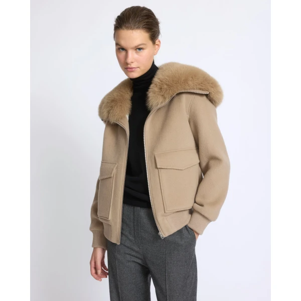 Yves Salomon Cropped Cashmere Wool Jacket with Fox Fur Collar in Beige | Jackets | Luxury Shoes 