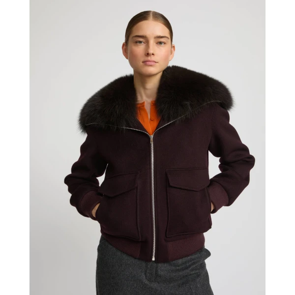 Yves Salomon Cropped Cashmere Wool Jacket with Fox Fur Collar in Bordeaux | Jackets | Luxury Shoes 