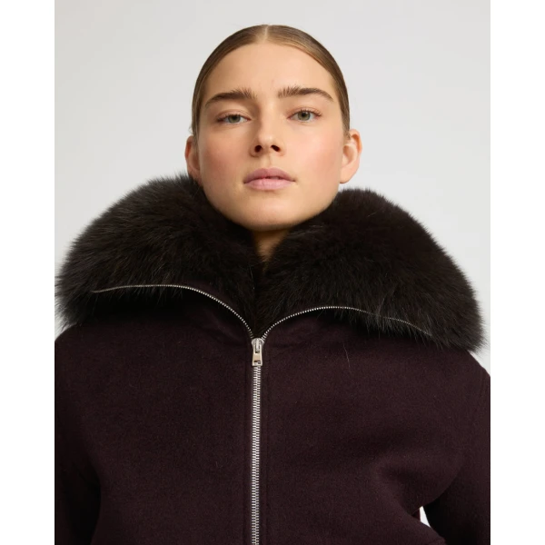 Yves Salomon Cropped Cashmere Wool Jacket with Fox Fur Collar in Bordeaux | Jackets | Luxury Shoes 