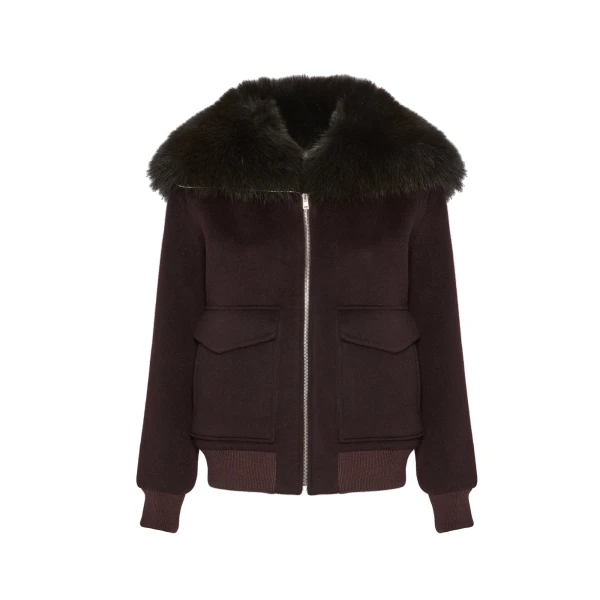 Yves Salomon Cropped Cashmere Wool Jacket with Fox Fur Collar in Bordeaux | Women | Luxury Shoes 