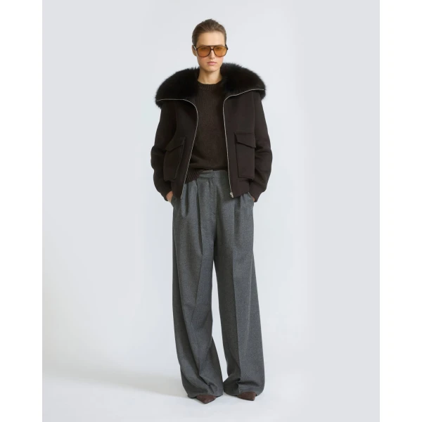 Yves Salomon Cropped Cashmere Wool Jacket with Fox Fur Collar in Brown | Jackets | Luxury Shoes 