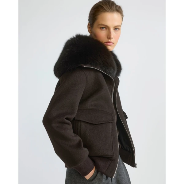 Yves Salomon Cropped Cashmere Wool Jacket with Fox Fur Collar in Brown | Jackets | Luxury Shoes 