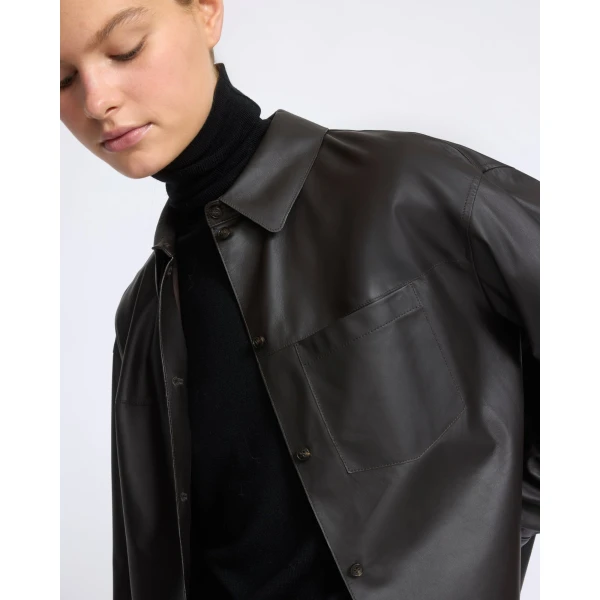 Yves Salomon Cropped Lambskin Leather Shirt in Brown | Shirts | Luxury Shoes 
