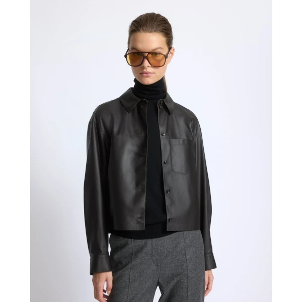 Yves Salomon Cropped Lambskin Leather Shirt in Brown | Shirts | Luxury Shoes 