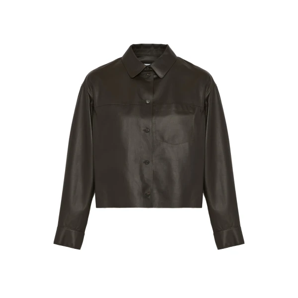 Cropped Lambskin Leather Shirt in Brown