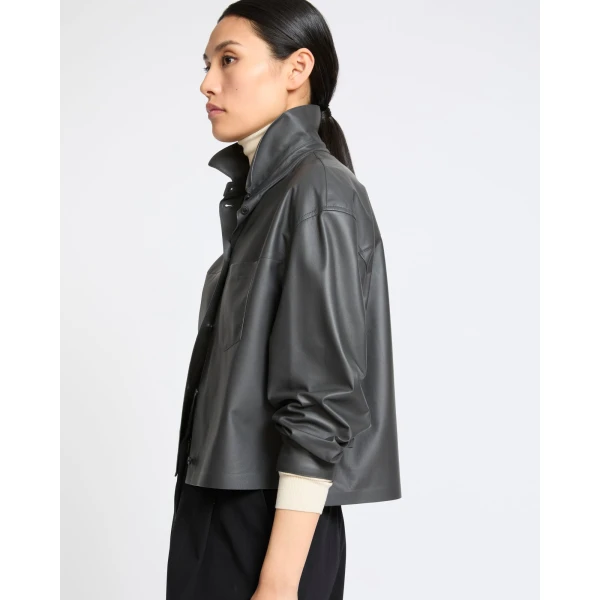 Yves Salomon Cropped Lambskin Leather Shirt in Grey | Shirts | Luxury Shoes 