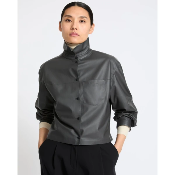 Yves Salomon Cropped Lambskin Leather Shirt in Grey | Shirts | Luxury Shoes 
