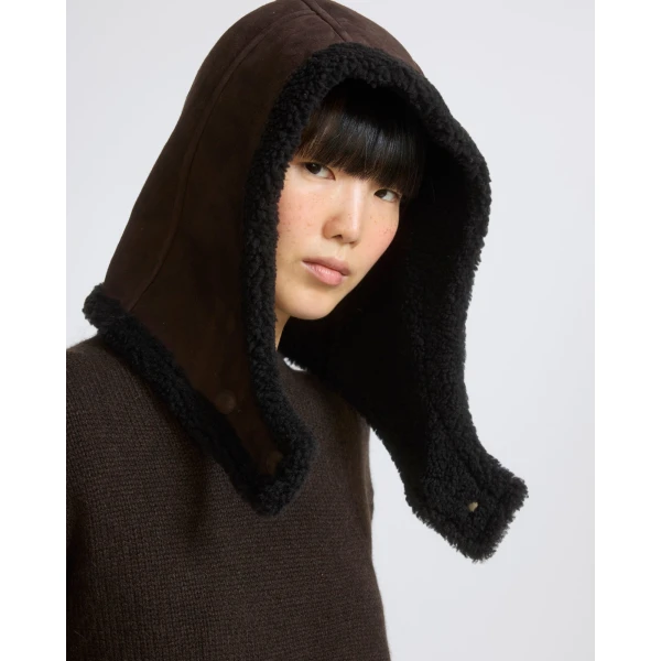Yves Salomon Curly Merino Lambskin Hood in Brown | Hats | Luxury Shoes 