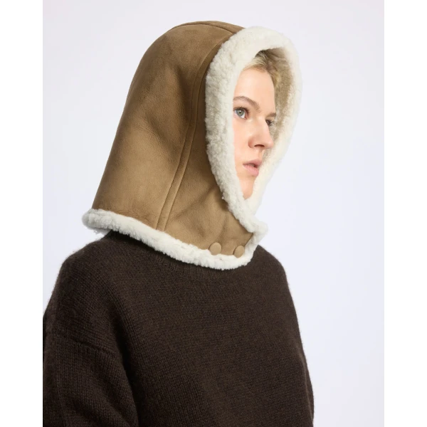 Yves Salomon Curly Merino Lambskin Hood in Camel | Hats | Luxury Shoes 