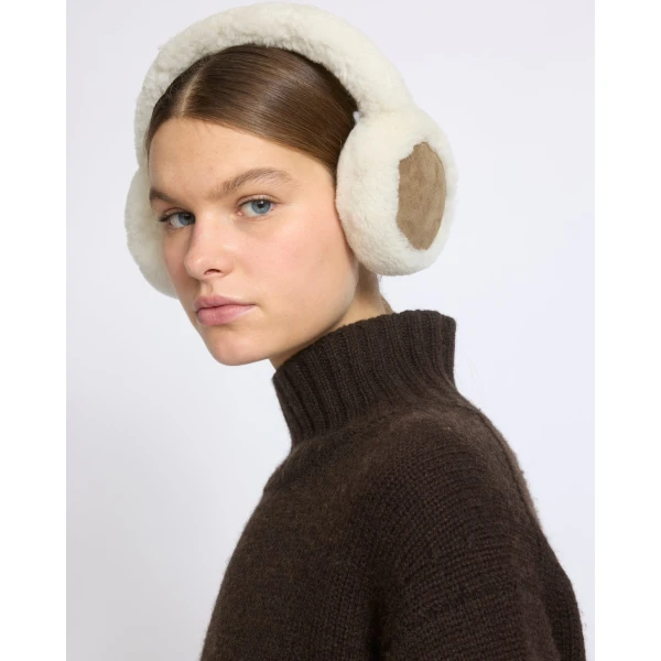 Yves Salomon Curly Merino Lambskin Shearling Earmuffs in Camel | Hats | Luxury Shoes 