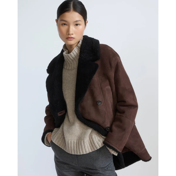 Yves Salomon Curly Merino Lambskin Shearling Pea Coat in Brown | Shearling Coat | Luxury Shoes 