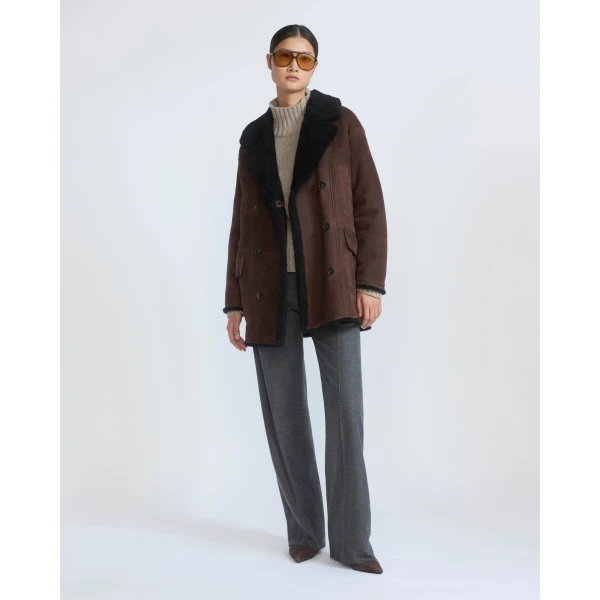 Yves Salomon Curly Merino Lambskin Shearling Pea Coat in Brown | Shearling Coat | Luxury Shoes 