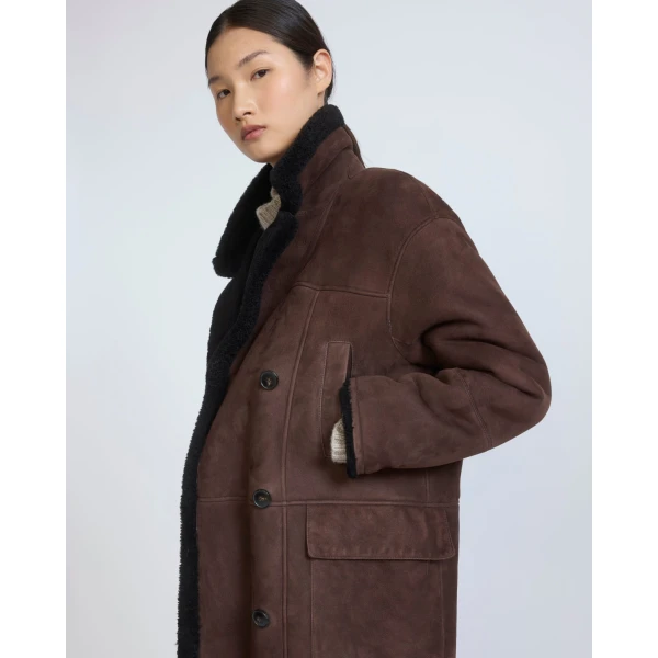 Yves Salomon Curly Merino Lambskin Shearling Pea Coat in Brown | Shearling Coat | Luxury Shoes 