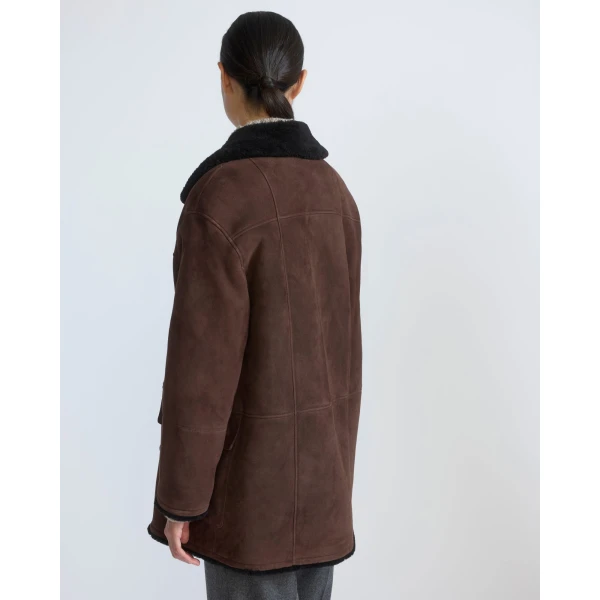 Yves Salomon Curly Merino Lambskin Shearling Pea Coat in Brown | Shearling Coat | Luxury Shoes 