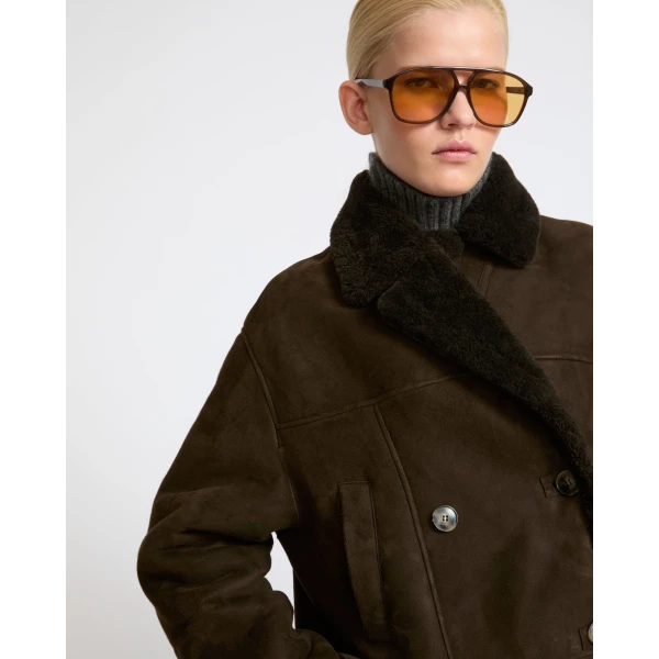Yves Salomon Curly Merino Lambskin Shearling Pea Coat in Khaki | Shearling Coat | Luxury Shoes 