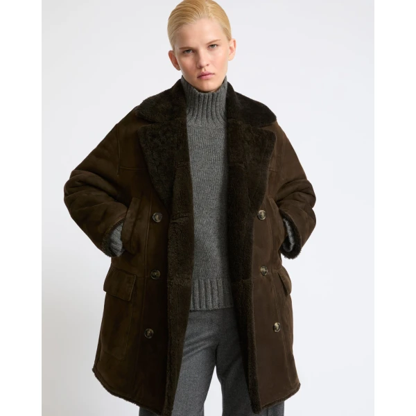 Yves Salomon Curly Merino Lambskin Shearling Pea Coat in Khaki | Shearling Coat | Luxury Shoes 