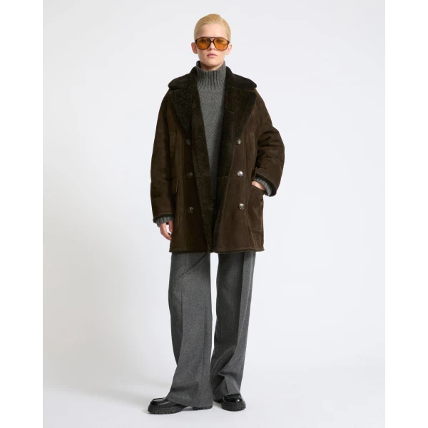 Yves Salomon Curly Merino Lambskin Shearling Pea Coat in Khaki | Shearling Coat | Luxury Shoes 