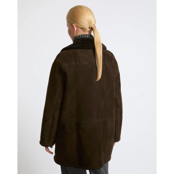 Yves Salomon Curly Merino Lambskin Shearling Pea Coat in Khaki | Shearling Coat | Luxury Shoes 