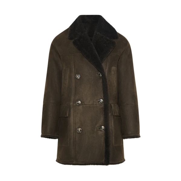 Curly Merino Lambskin Shearling Pea Coat in Khaki