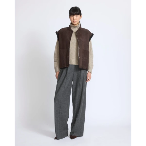 Yves Salomon Curly Merino Lambskin Sleeveless Gilet in Brown | Vests | Luxury Shoes 
