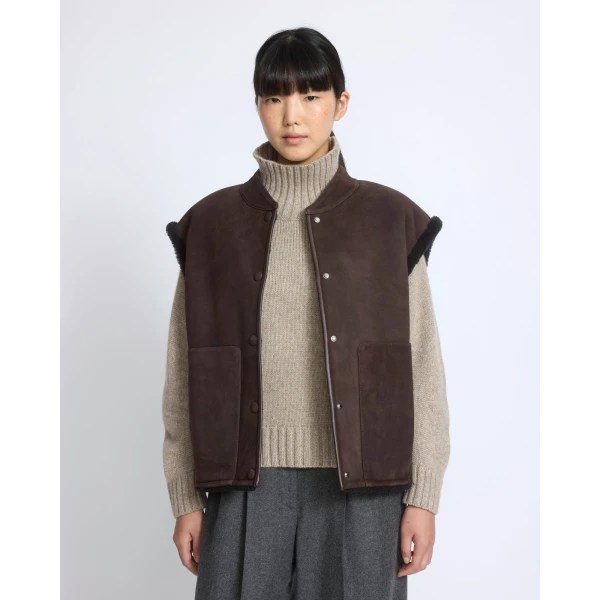 Yves Salomon Curly Merino Lambskin Sleeveless Gilet in Brown | Vests | Luxury Shoes 