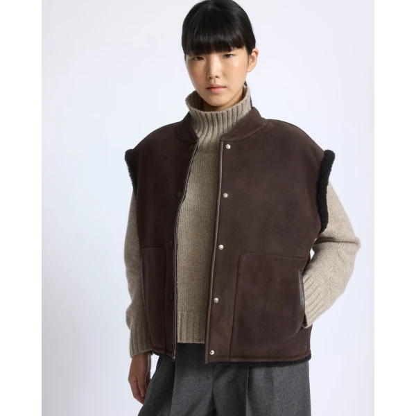 Yves Salomon Curly Merino Lambskin Sleeveless Gilet in Brown | Vests | Luxury Shoes 
