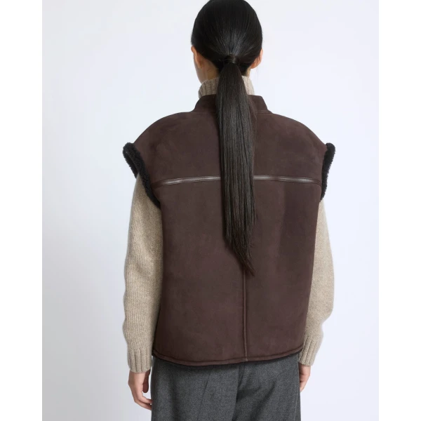 Yves Salomon Curly Merino Lambskin Sleeveless Gilet in Brown | Vests | Luxury Shoes 