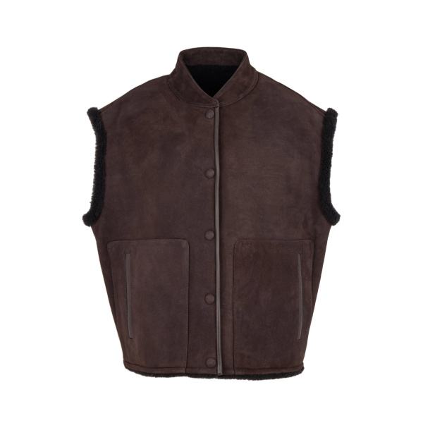 Yves Salomon Curly Merino Lambskin Sleeveless Gilet in Brown | Vests | Luxury Shoes 