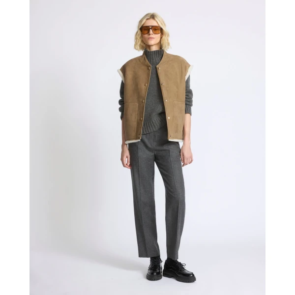 Yves Salomon Curly Merino Lambskin Sleeveless Gilet in Camel | Vests | Luxury Shoes 