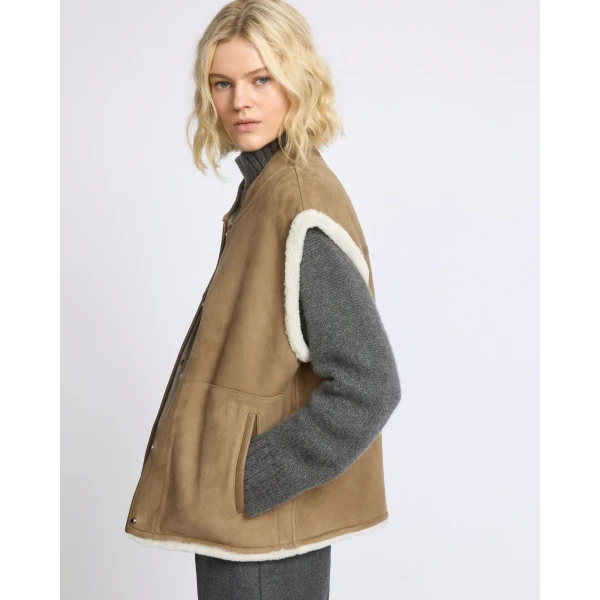 Yves Salomon Curly Merino Lambskin Sleeveless Gilet in Camel | Vests | Luxury Shoes 