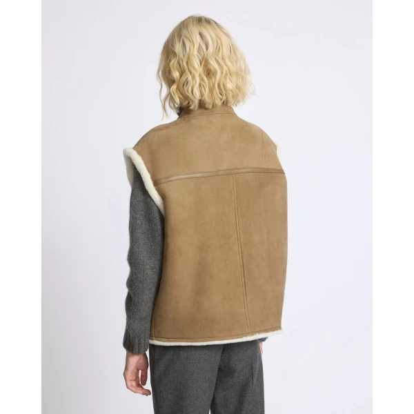 Yves Salomon Curly Merino Lambskin Sleeveless Gilet in Camel | Vests | Luxury Shoes 