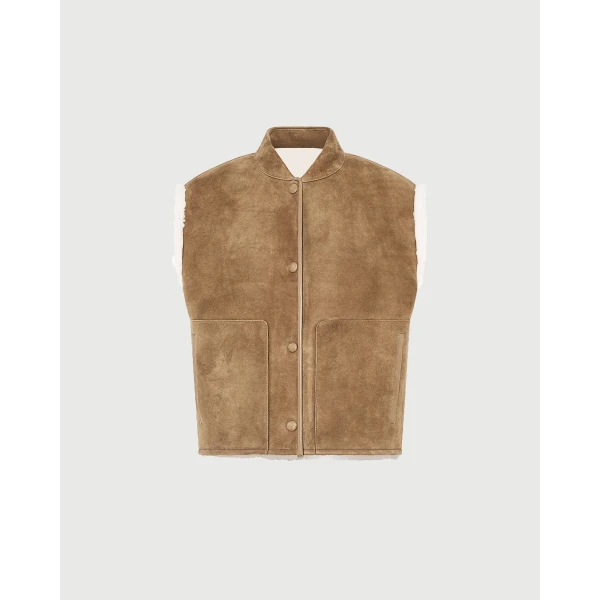 Yves Salomon Curly Merino Lambskin Sleeveless Gilet in Camel | Vests | Luxury Shoes 
