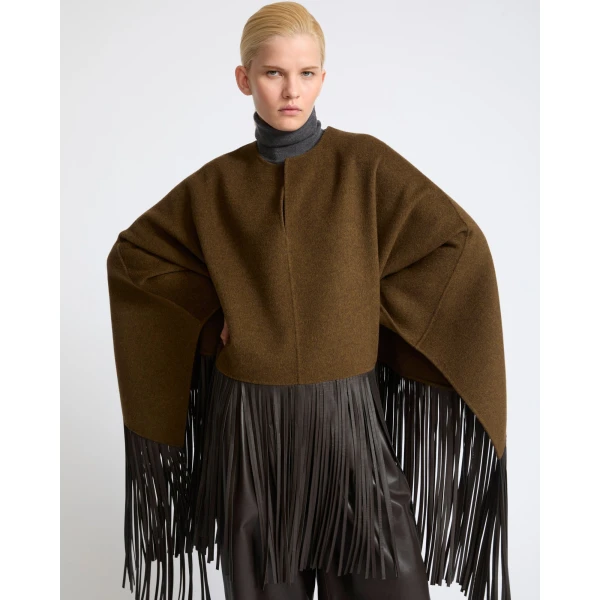 Yves Salomon Double-Face Wool and Cashmere Cape with Lambskin Fringes in Brown | Wool Coat | Luxury Shoes 