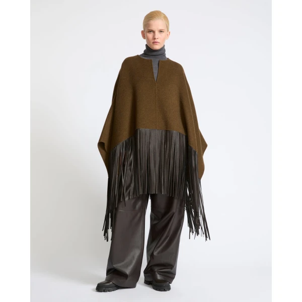 Yves Salomon Double-Face Wool and Cashmere Cape with Lambskin Fringes in Brown | Wool Coat | Luxury Shoes 