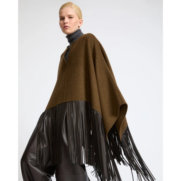 Yves Salomon Double-Face Wool and Cashmere Cape with Lambskin Fringes in Brown | Wool Coat | Luxury Shoes 