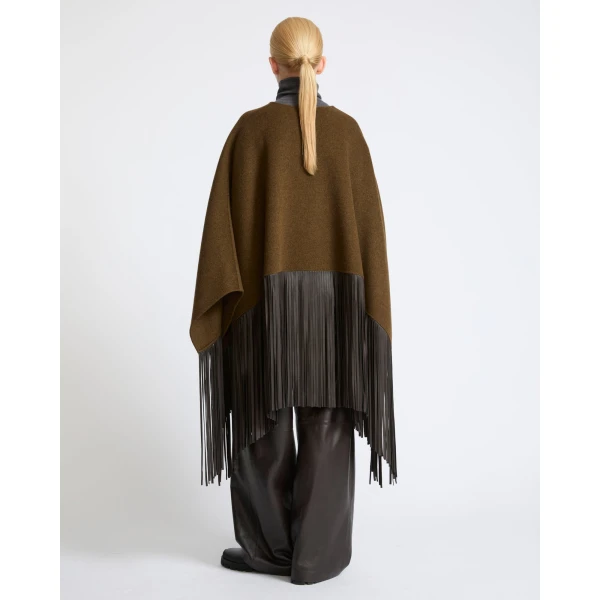 Yves Salomon Double-Face Wool and Cashmere Cape with Lambskin Fringes in Brown | Wool Coat | Luxury Shoes 