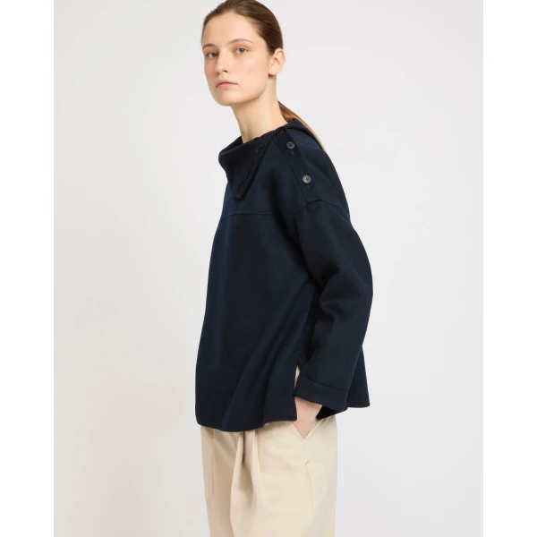 Yves Salomon Double-Sided Cashmere Wool Funnel Neck Blouse in Navy | Blouse | Luxury Shoes 
