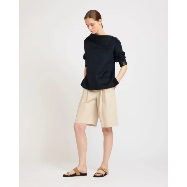 Yves Salomon Double-Sided Cashmere Wool Funnel Neck Blouse in Navy | Blouse | Luxury Shoes 