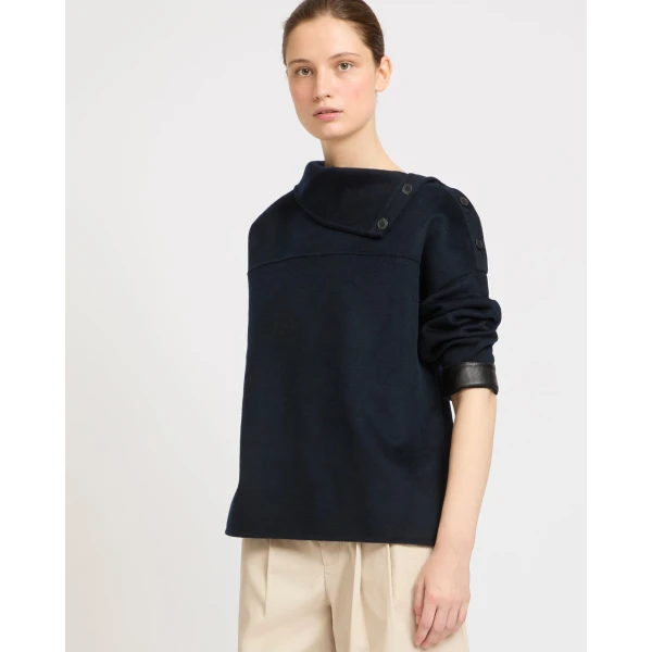 Yves Salomon Double-Sided Cashmere Wool Funnel Neck Blouse in Navy | Blouse | Luxury Shoes 