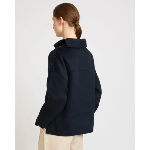 Yves Salomon Double-Sided Cashmere Wool Funnel Neck Blouse in Navy | Blouse | Luxury Shoes 