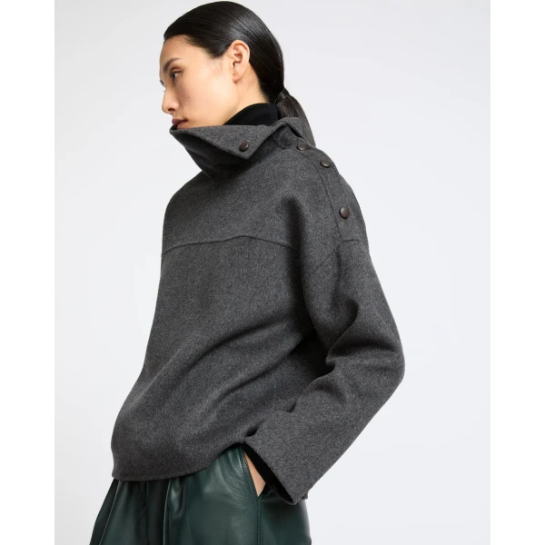 Yves Salomon Double-Sided Wool Funnel Neck Blouse in Grey | Blouse | Luxury Shoes 