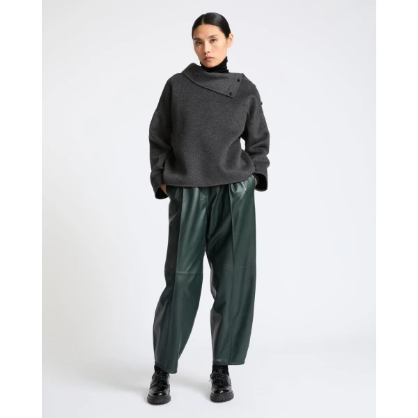 Yves Salomon Double-Sided Wool Funnel Neck Blouse in Grey | Blouse | Luxury Shoes 