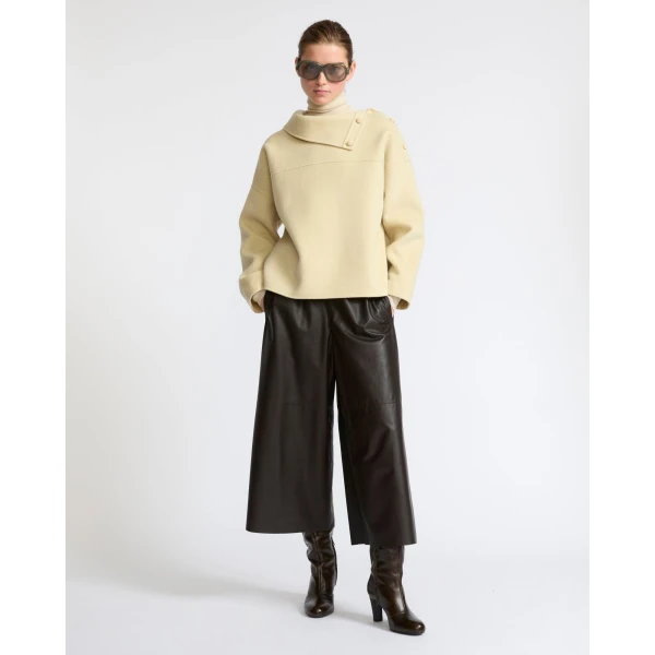 Yves Salomon Double-Sided Wool Funnel Neck Blouse in Pale Yellow | Blouse | Luxury Shoes 