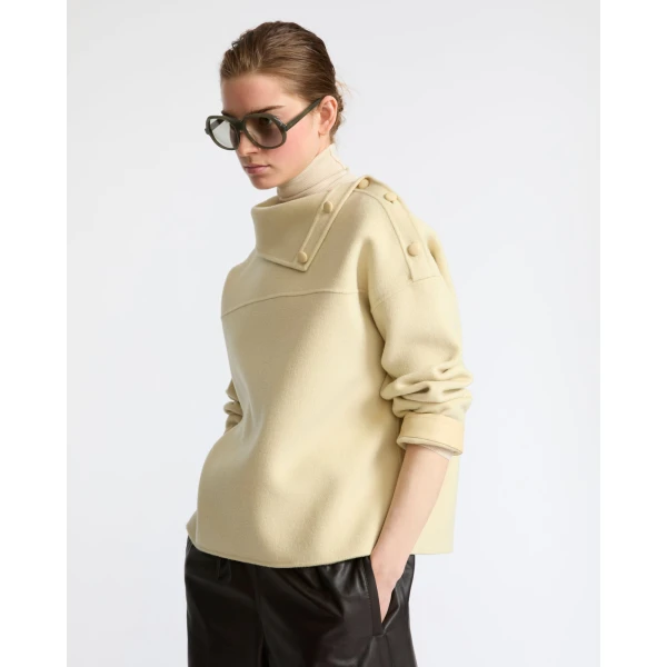 Yves Salomon Double-Sided Wool Funnel Neck Blouse in Pale Yellow | Blouse | Luxury Shoes 