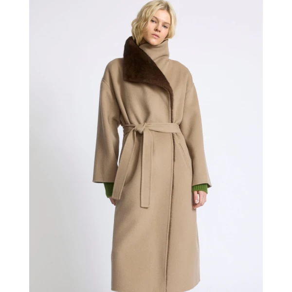 Yves Salomon Double-Sided Wool and Cashmere Coat with Mink Fur in Beige | Wool Coat | Luxury Shoes 